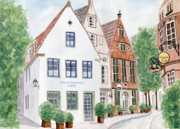 Postkarte DIN-A6 Aquarell Maritim Kunst Druck Kunstdruck Bremen Bremer Schnoor Gasse Nordsee Souvenir Souvenirs